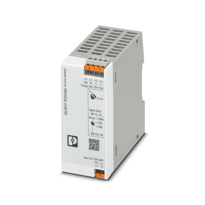 Phoenix Contact Switching Power Supply; QUINT4-PS/1AC/12DC/7.5/PT; 12VDC OUT; 7.5A; 85-264VAC/90-350VDC IN; Single Phase; DIN Rail Mount; Plastic; Push-In Connection